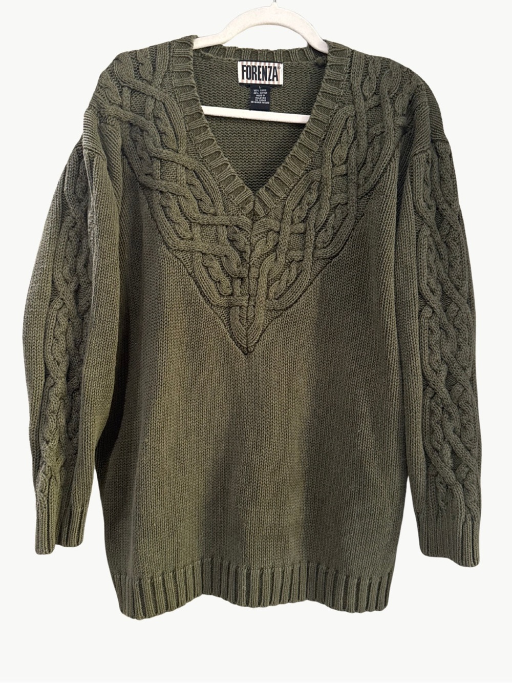 Forenza Vintage 80s Olive Ivy Cable Knit V Neck Sweater Ramie Heritage Preppy L